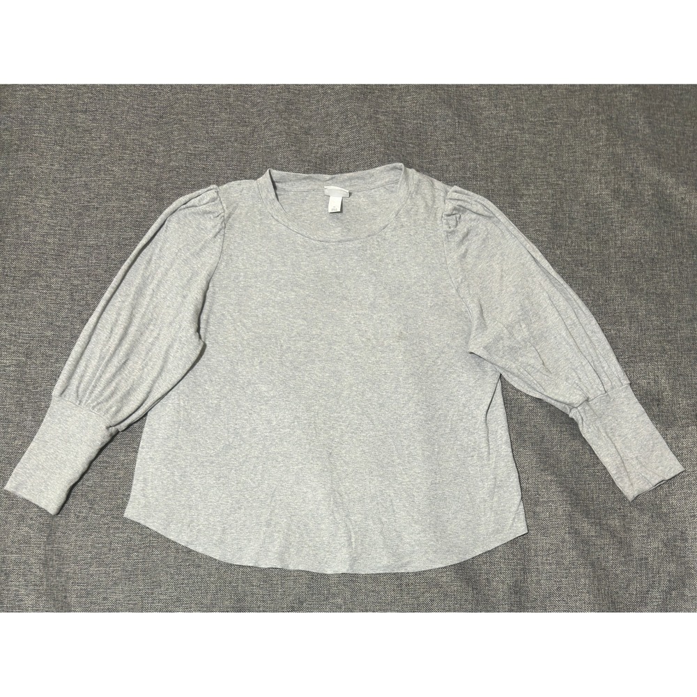 Ava & Viv Womens 1X Top Gray Long Puff Sleeve Ribbed Knit Crew Neck
